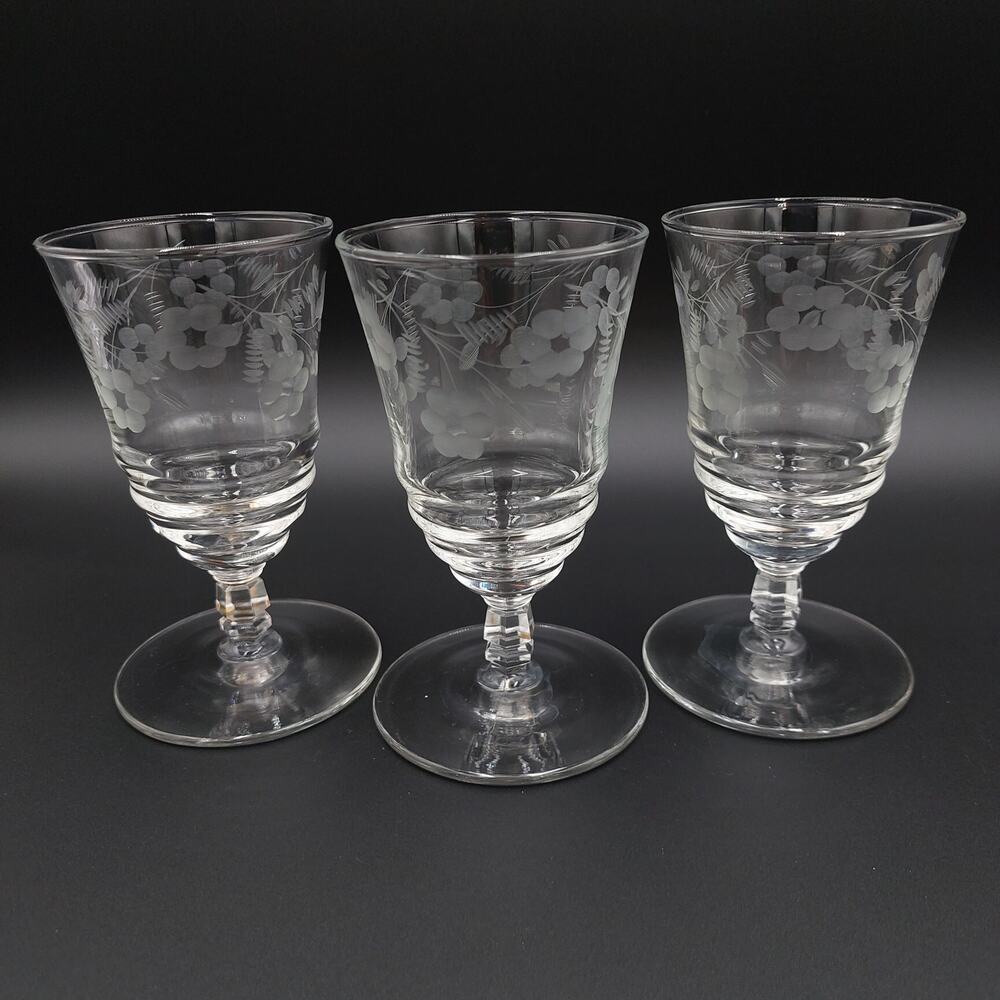 Libbey Rock Sharpe Halifax Etched Juice Glasses 1940/1950 Set of 3